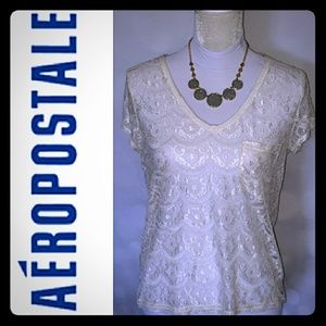 Aeropostale Floral-stitch Sheer Cream Top